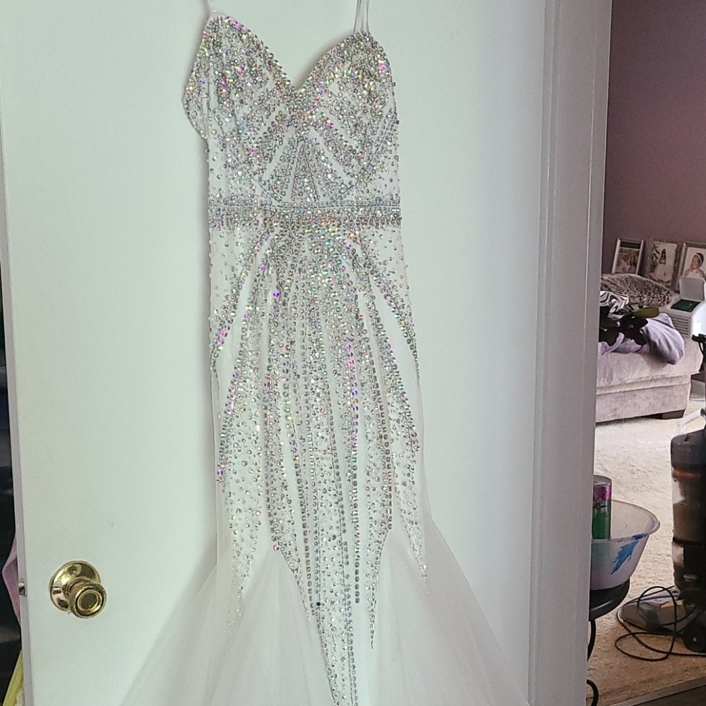 White with silver beading and sequins prom gown